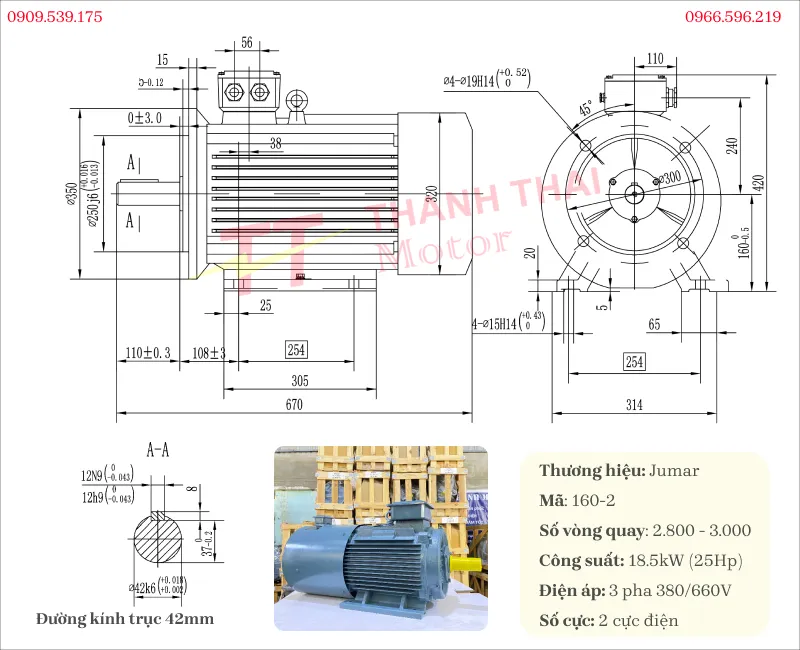 Drawing and technical specifications of the 3-phase 18.5kW 25Hp 2-pole inverter duty motor