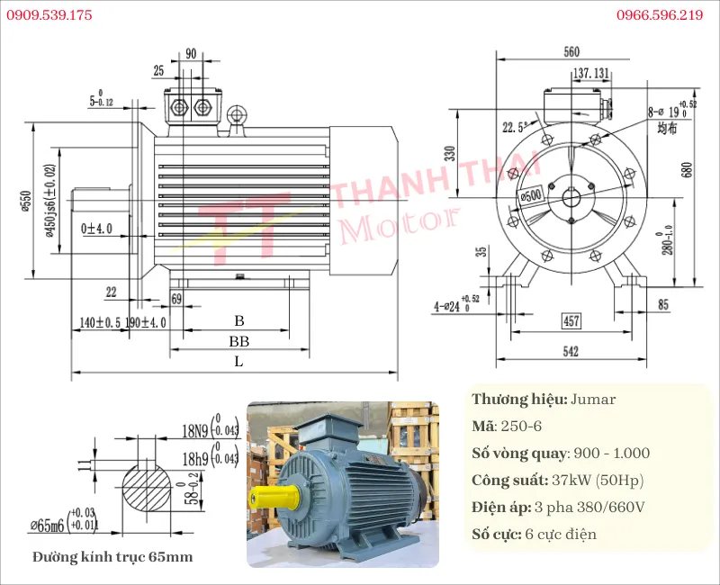 Bản vẽ và thông số kỹ thuật của motor biến tần 3 pha 37kW 50Hp 6 cực