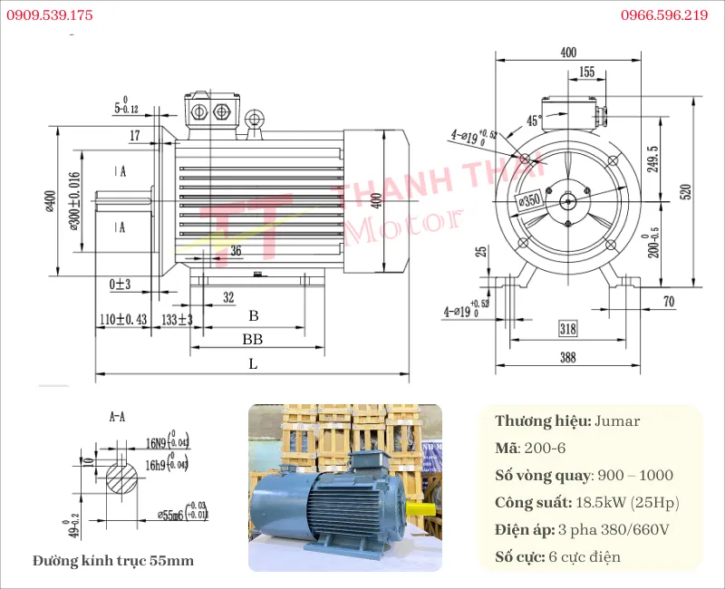 Drawing and technical specifications of the 3-phase 18.5kW 25Hp 6-pole inverter duty motor