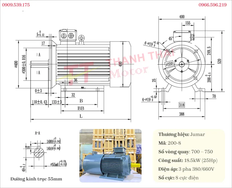 Drawing and technical specifications of the 3-phase 18.5kW 25Hp 8-pole inverter duty motor