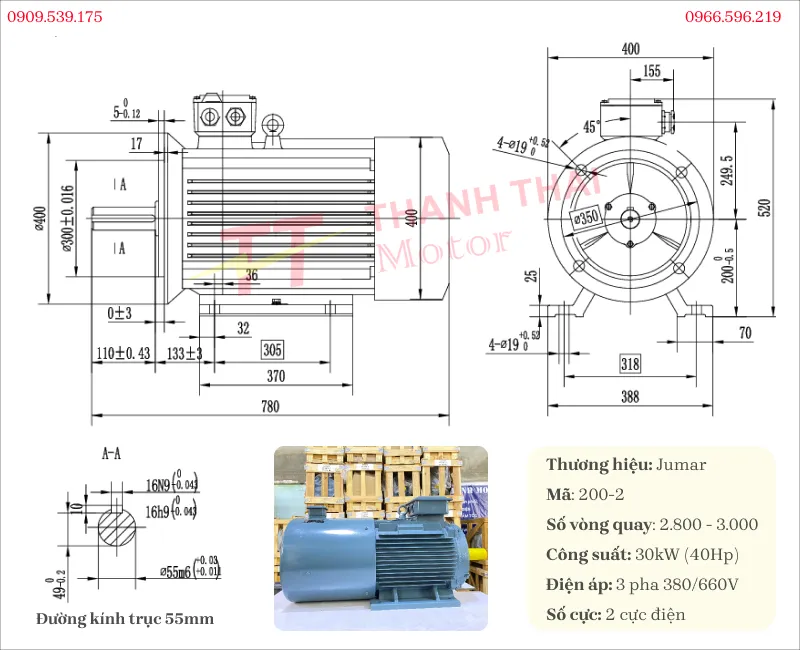 Bản vẽ và thông số kỹ thuật của motor biến tần 3 pha 30kW 40Hp 2 cực