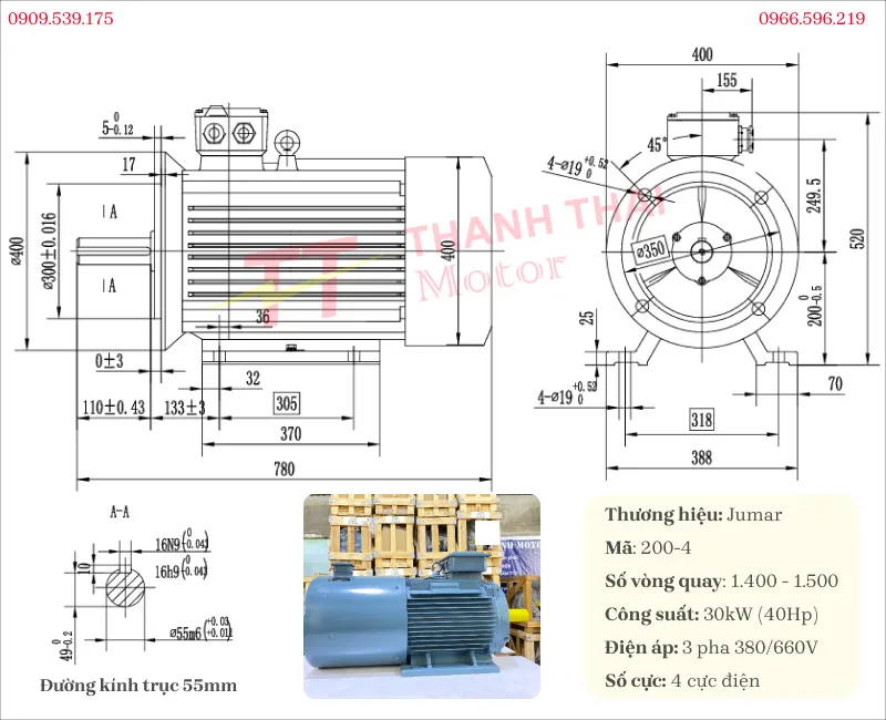 Bản vẽ và thông số kỹ thuật của motor biến tần 3 pha 30kW 40Hp 4 cực