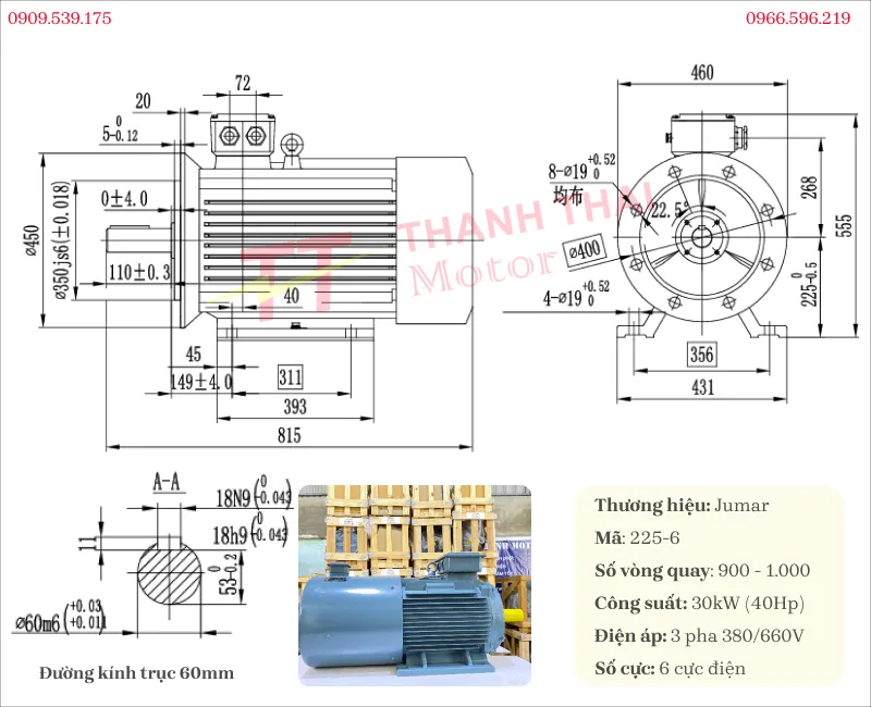 Bản vẽ và thông số kỹ thuật của motor biến tần 3 pha 30kW 40Hp 6 cực