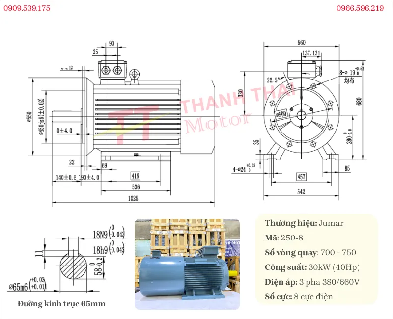 Bản vẽ và thông số kỹ thuật của motor biến tần 3 pha 30kW 40Hp 8 cực