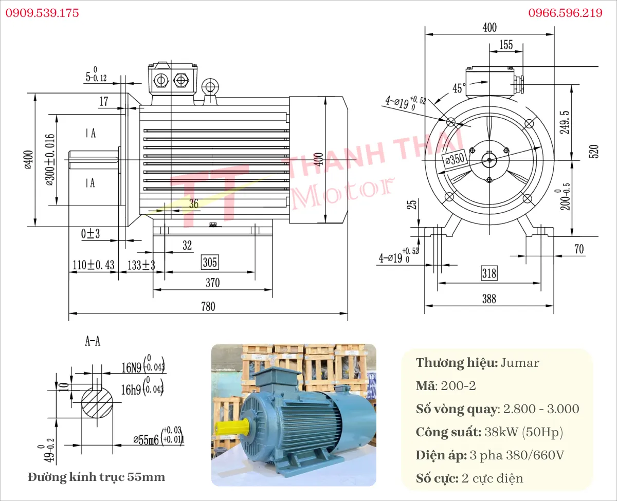 Drawing and technical specifications of the 3-Phase Inverter Duty Motor 38kW 50Hp 2-pole