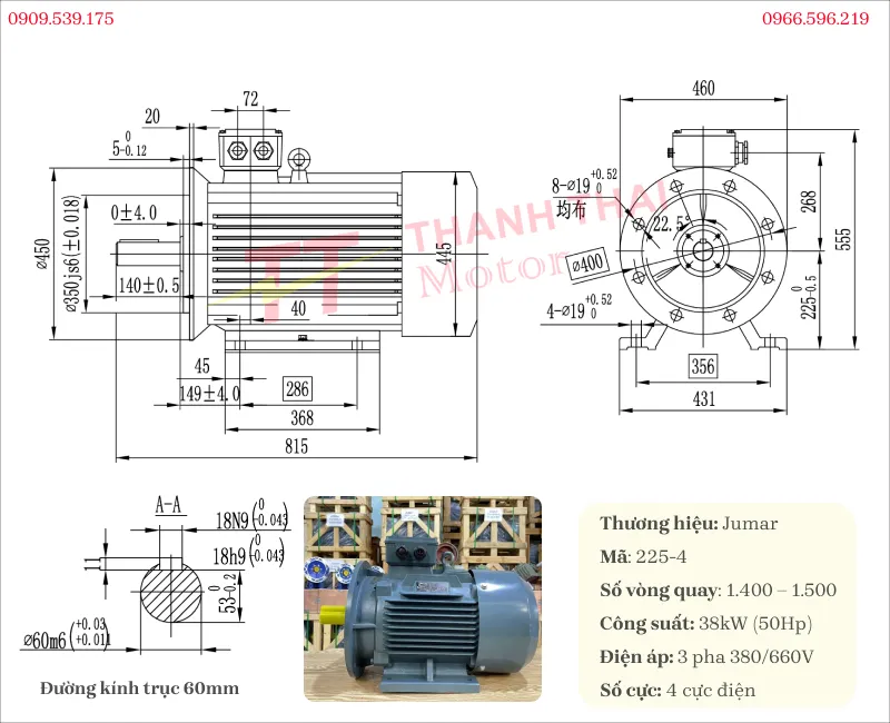 Drawing and technical specifications of the 3-Phase Inverter Duty Motor 38kW 50Hp 4-pole