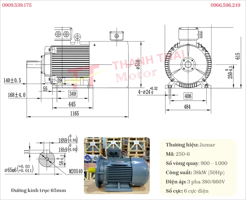 Drawing and technical specifications of the 3-Phase Inverter Duty Motor 38kW 50Hp 6-pole