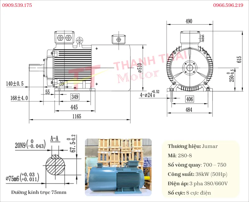 Drawing and technical specifications of the 3-Phase Inverter Duty Motor 38kW 50Hp 8-pole