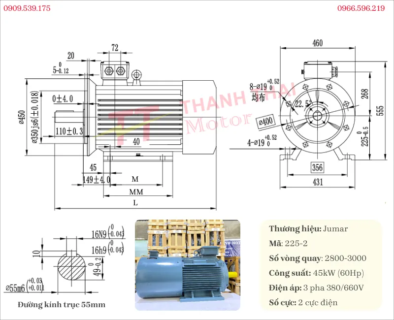 Bản vẽ và thông số kỹ thuật motor biến tần 3 pha 45kw 60hp 2 cực