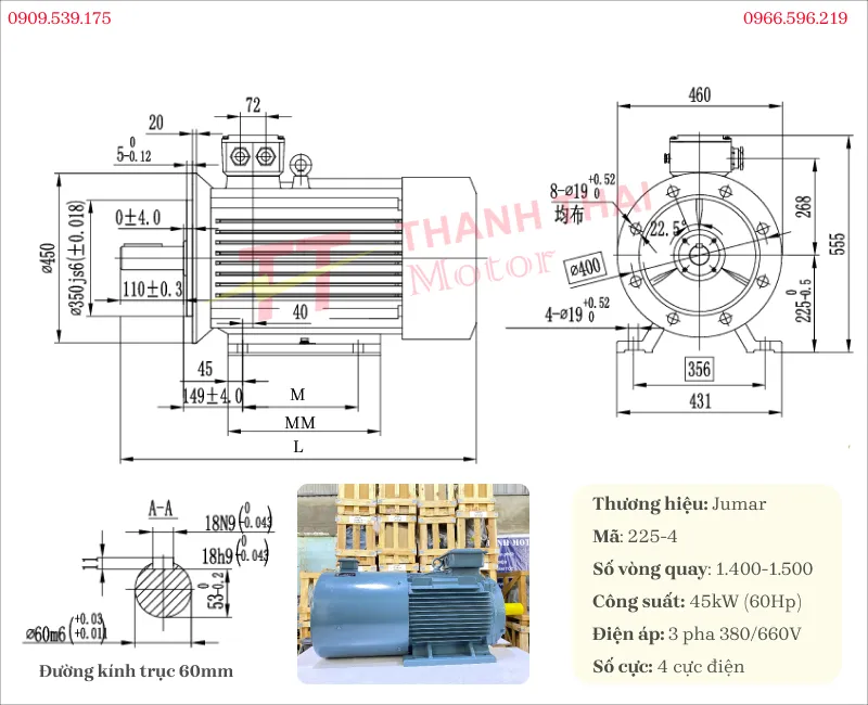 Bản vẽ và thông số kỹ thuật motor biến tần 3 pha 45kw 60hp 4 cực