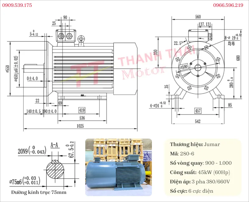 Bản vẽ và thông số kỹ thuật motor biến tần 3 pha 45kw 60hp 6 cực