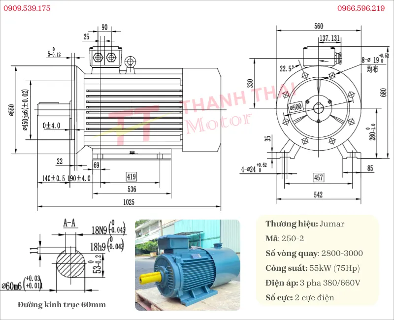 Drawing and technical specifications of the 3-phase 55kW 75Hp 2-pole inverter duty motor