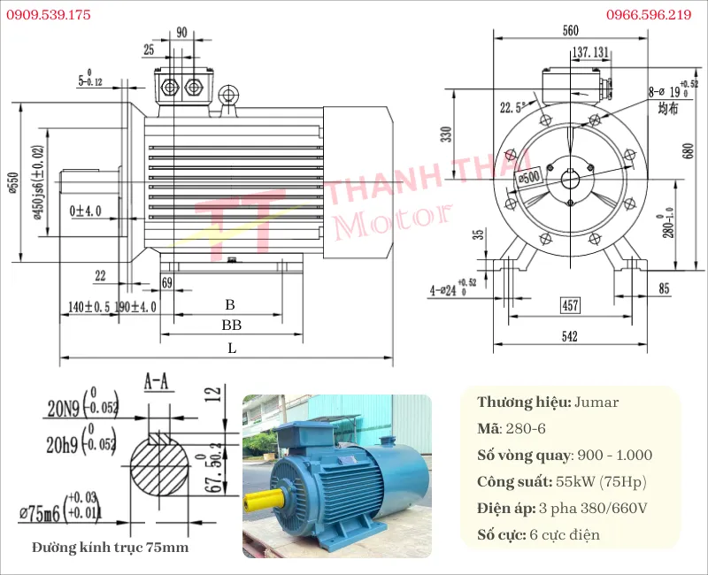 Drawing and technical specifications of the 3-phase 55kW 75Hp 6-pole inverter duty motor