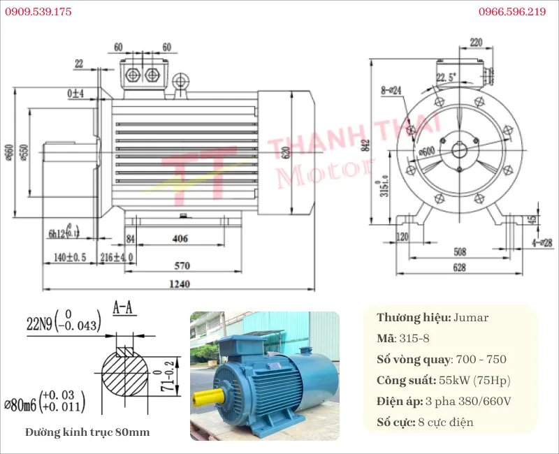 Drawing and technical specifications of the 3-phase 55kW 75Hp 8-pole inverter duty motor