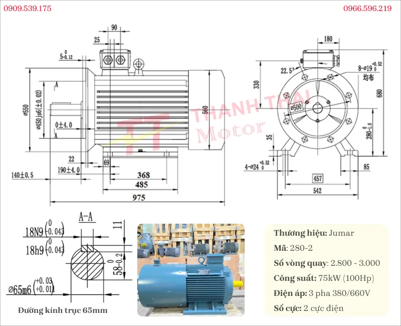 Bản vẽ và thông số kỹ thuật motor biến tần 3 pha 75kW 100Hp 2 cực