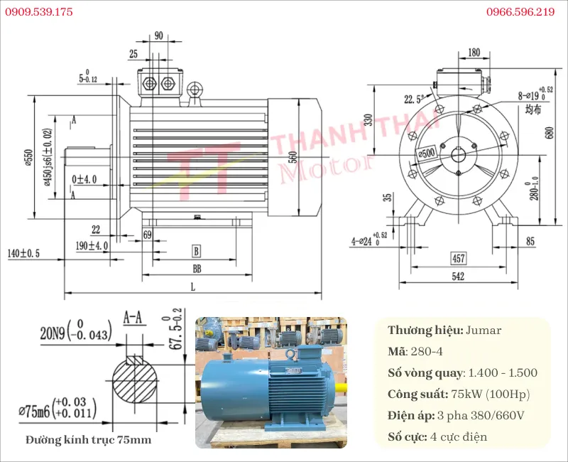 Bản vẽ và thông số kỹ thuật motor biến tần 3 pha 75kW 100Hp 4 cực