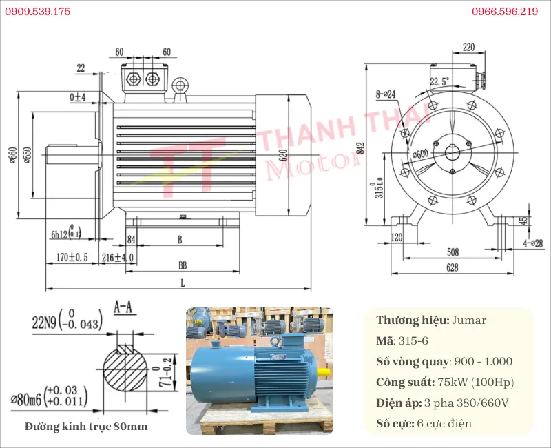 Bản vẽ và thông số kỹ thuật motor biến tần 3 pha 75kW 100Hp 6 cực