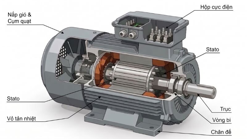 Internal structure of the 3-phase 55kW 75Hp inverter duty motor