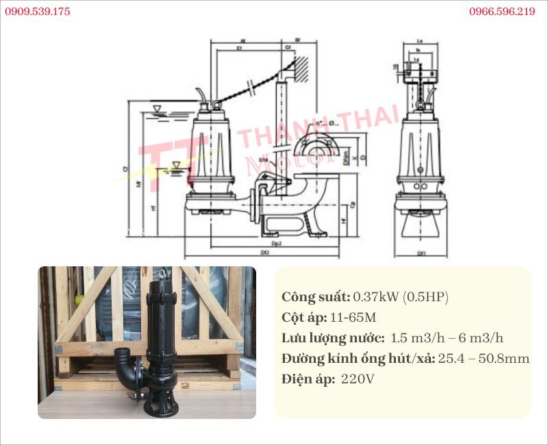 Technical specifications and drawing of Submersible Pump 0.37kW 0.5Hp