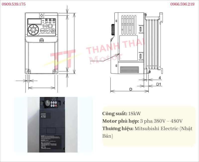 Thông số kỹ thuật và bản vẽ biến tần Mitsubishi 18kW
