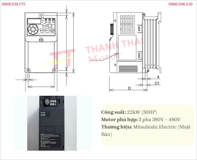 Thông số kỹ thuật và bản vẽ biến tần Mitsubishi 22kW