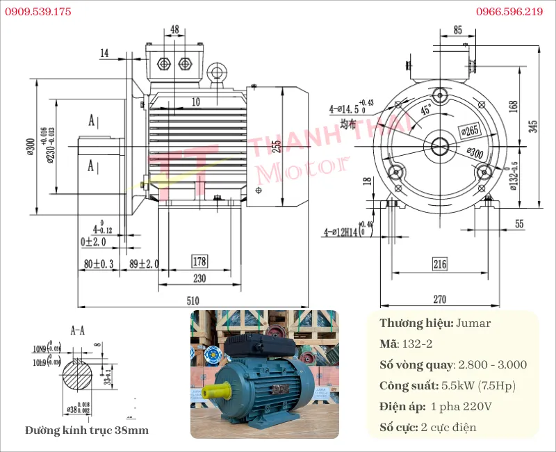 Drawing and technical specifications of the 1-phase electric motor 5.5kW 7.5Hp 2-pole