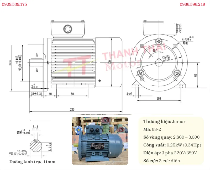 Bản vẽ và thông số kỹ thuật động cơ điện 3 pha 0.25kW 0.34Hp 2 cực