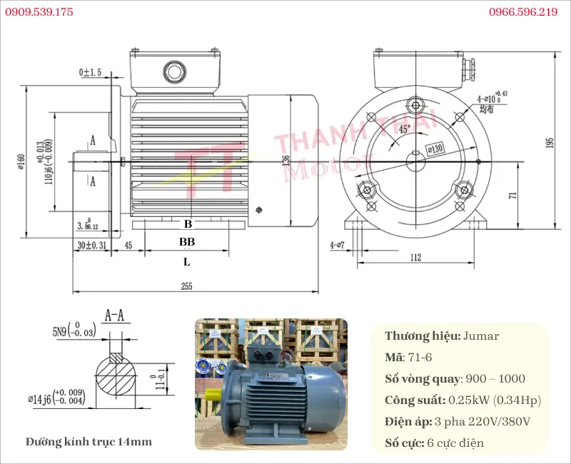 Bản vẽ và thông số kỹ thuật động cơ điện 3 pha 0.25kW 0.34Hp 6 cực