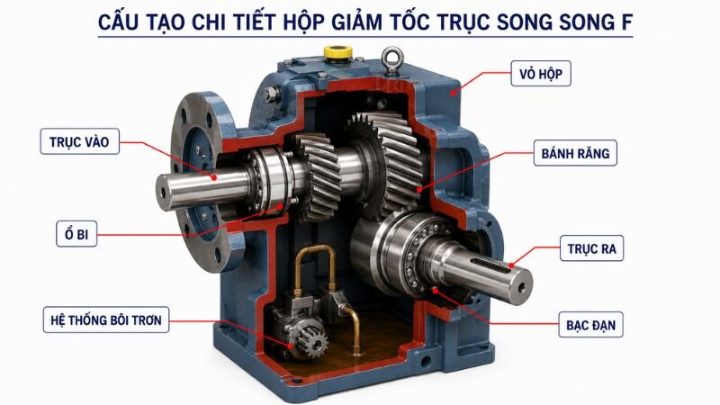 Cấu tạo chi tiết hộp giảm tốc trục song song F