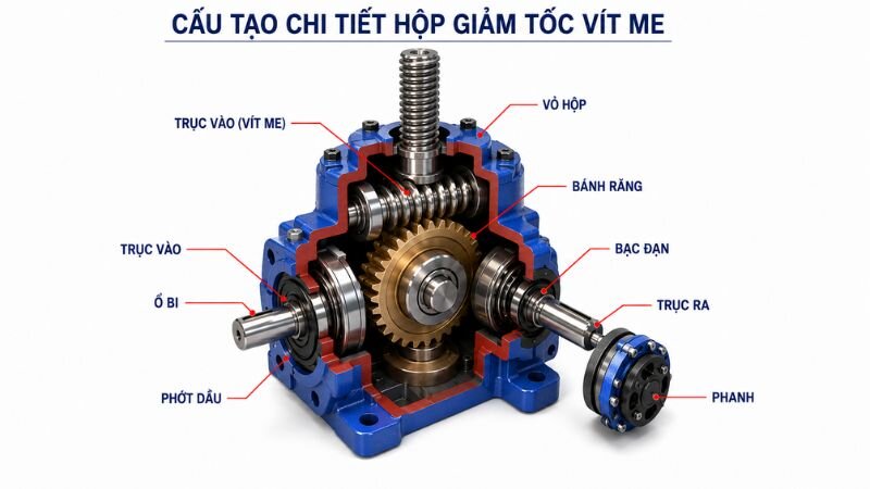 Cấu tạo chi tiết hộp giảm tốc vít me nâng hạ