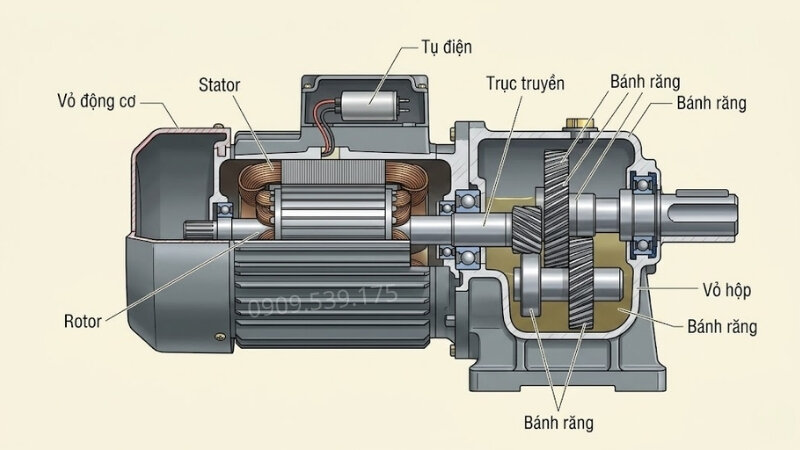 Cấu tạo động cơ giảm tốc 1 pha