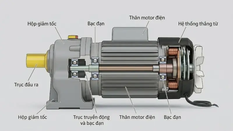 Cấu tạo của động cơ giảm tốc phanh từ thắng từ