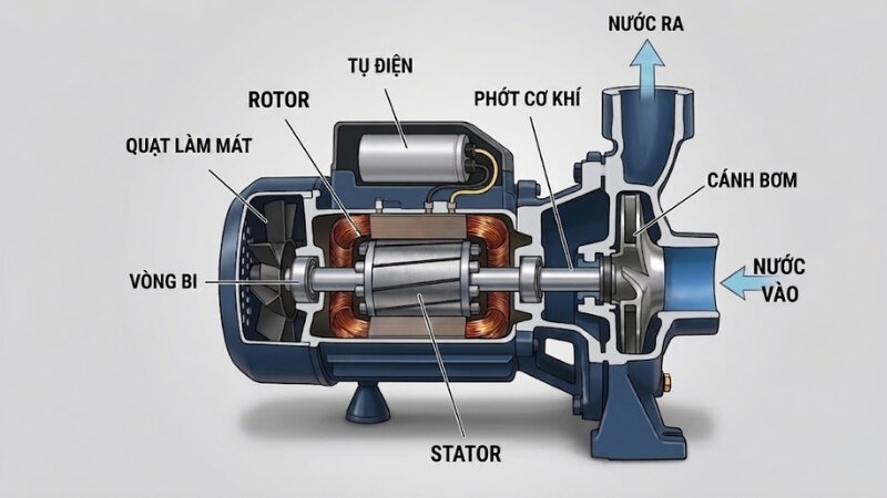 Cấu tạo máy bơm nước 1 pha