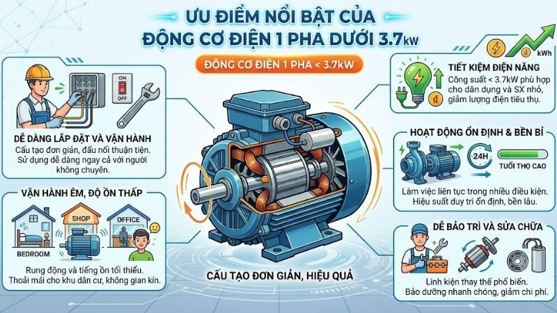 Ưu điểm nổi bật của động cơ điện 1 pha dưới 3.7kW