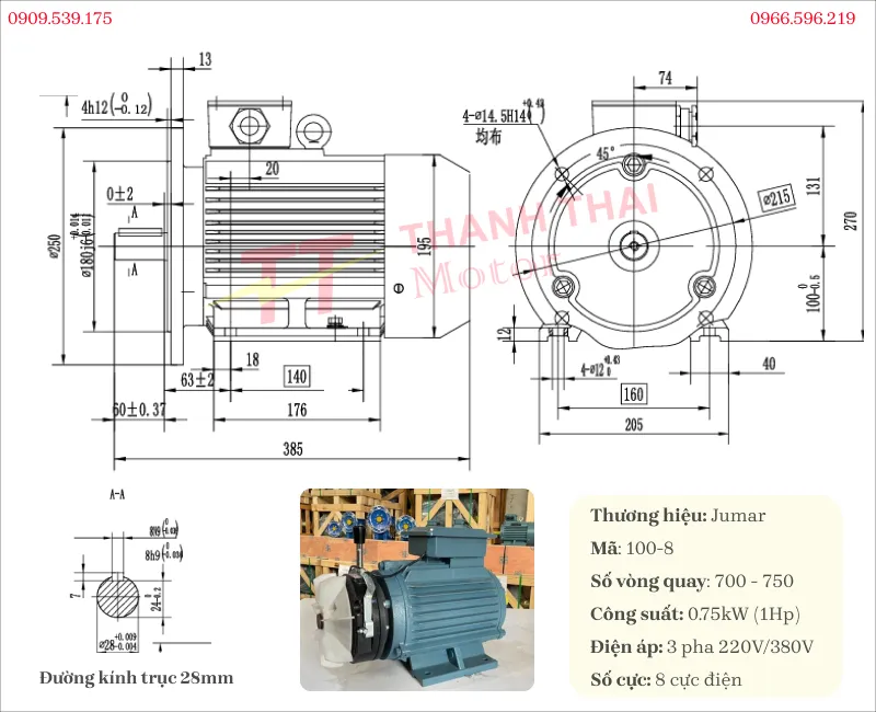 Bản vẽ và thông số của động cơ điện có phanh 0.75kW 1Hp 8 cực