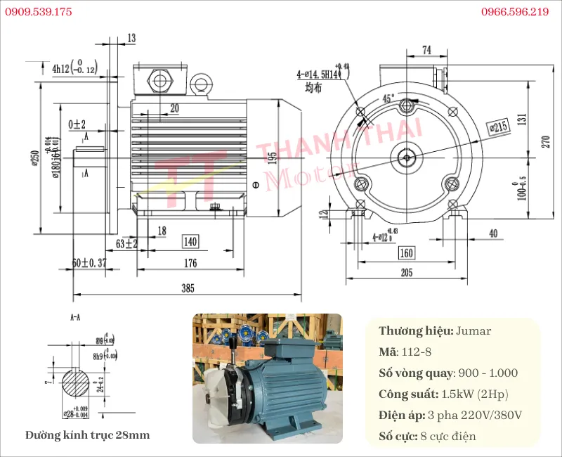 Drawing and technical specifications of the 8-pole Brake Motor 1.5kW 2Hp