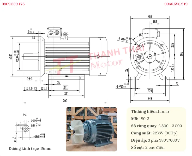 Drawing and technical specifications of the 2-pole Brake Motor 22kW 30Hp