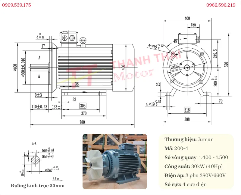 Drawing and technical specifications of the 4-pole Brake Motor 30kW 40Hp