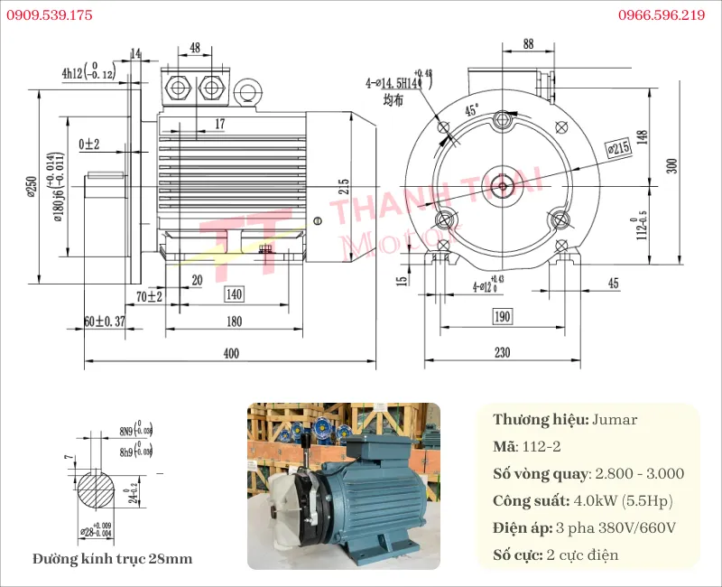 Bản vẽ và thông số kỹ thuật của động cơ điện có phanh 4kW 5.5Hp 2 cực
