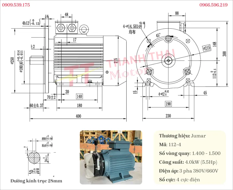 Bản vẽ và thông số kỹ thuật của động cơ điện có phanh 4kW 5.5Hp 4 cực