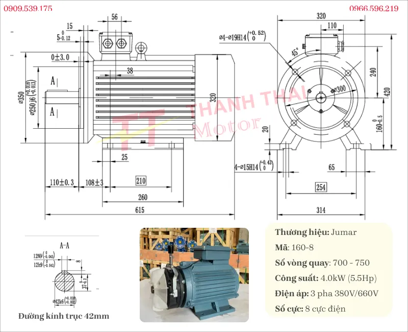 Bản vẽ và thông số kỹ thuật của động cơ điện có phanh 4kW 5.5Hp 8 cực
