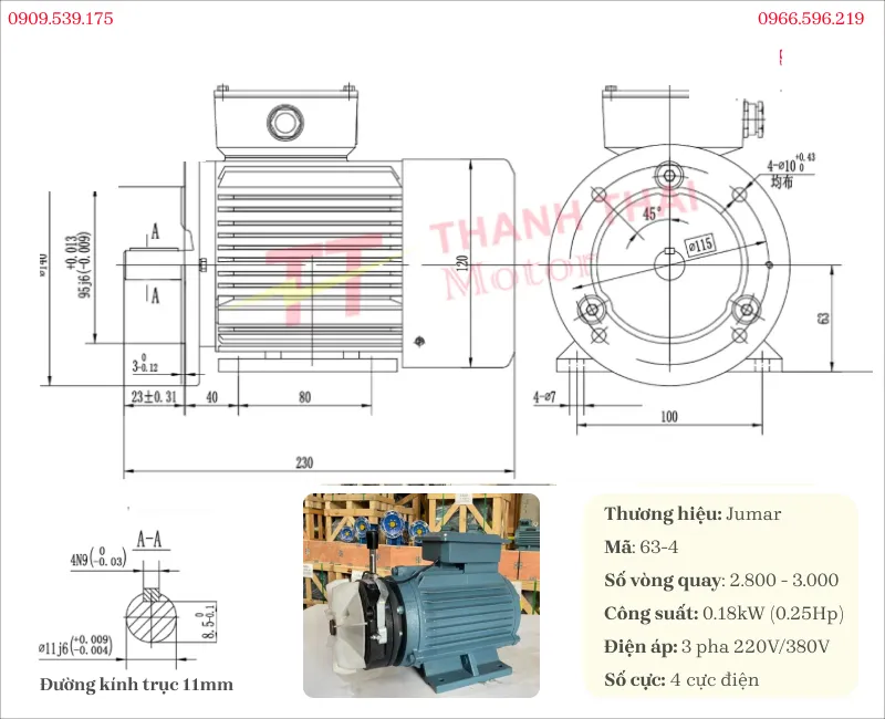 Bản vẽ và thông số kỹ thuật động cơ điện có phanh 0.18kW 0.25Hp 4 cực