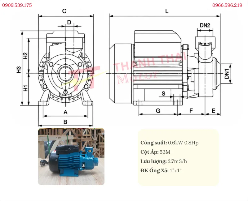 Bản vẽ và thông số kỹ thuật máy bơm nước đẩy cao Lepono XCm146 0.6kW 0.8Hp