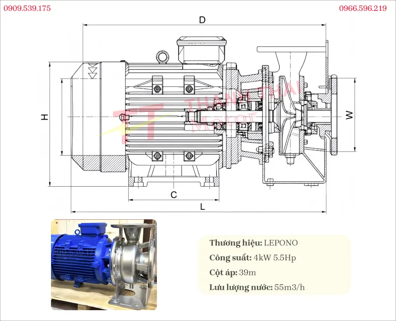 Bản vẽ và thông số kỹ thuật máy bơm nước đẩy cao trục ngang đầu inox EDH 10-40 1.5kW 2Hp