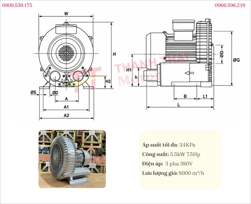 Bản vẽ và thông số kỹ thuật motor quạt thổi khí 5.5kW 7.5Hp