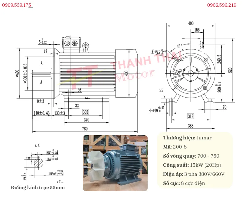 Bản vẽ và thông số kỹ thuật của động cơ điện có phanh 15kW 20Hp 8 cực