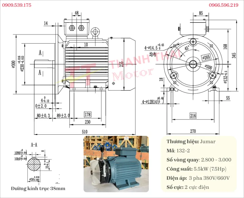 Drawing and technical specifications of the Brake Motor 5.5kW 7.5Hp 2-pole