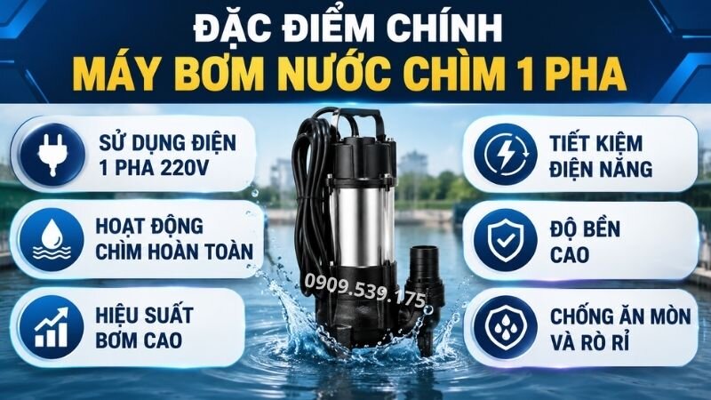 Đặc điểm chính của máy bơm nước chìm 1 pha.