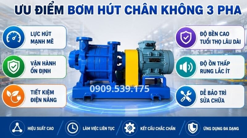 Ưu điểm của bơm hút chân không 3 pha.