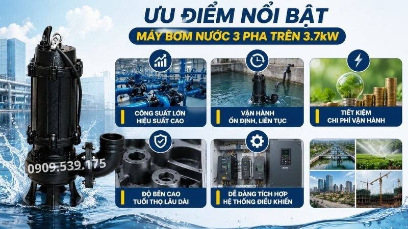 Ưu điểm của máy bơm nước 3 pha trên 3.7kW.